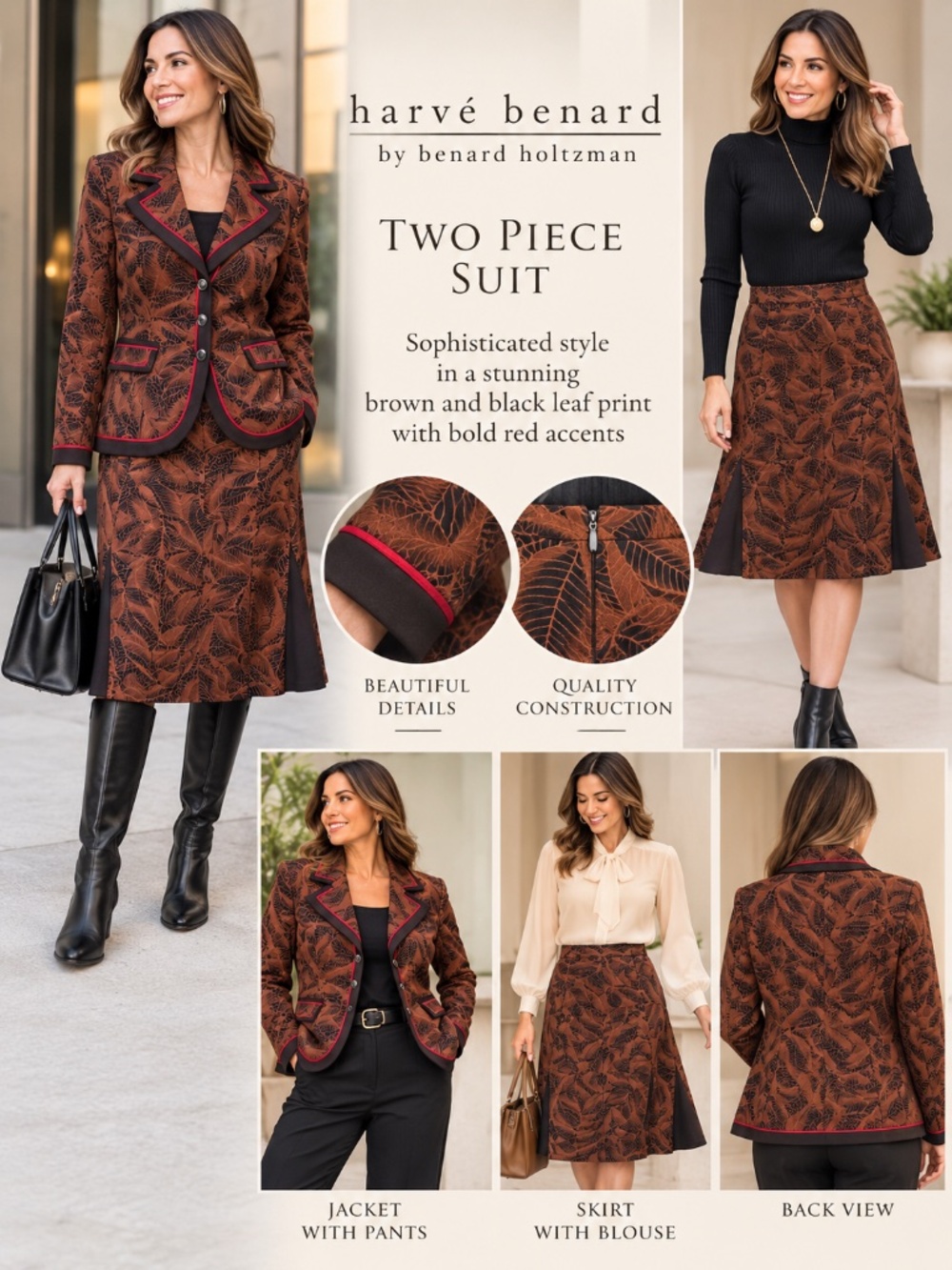 Harvé Benard by Bernard Holtzman 2-Piece Skirt Suit | Size 4 | Brown & Black Lea